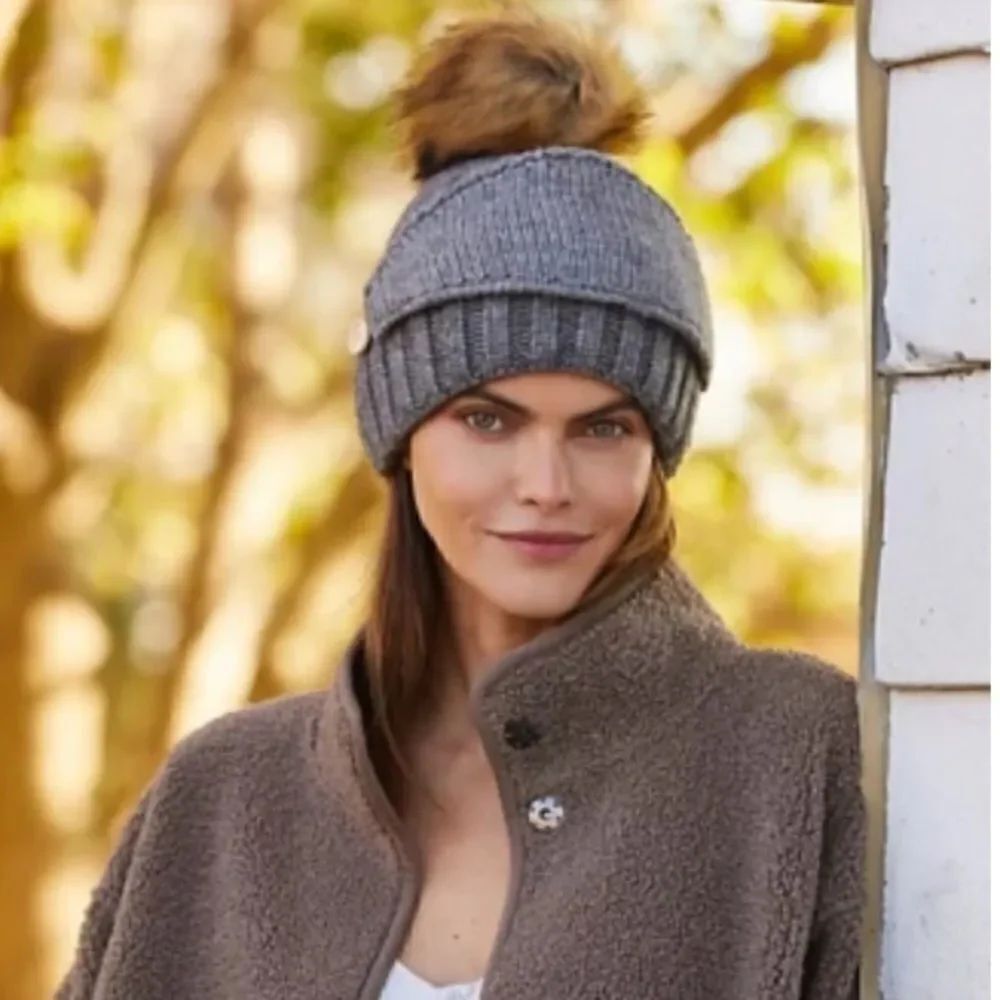 Anthropologie Grey Pom Beanie With Face Mask